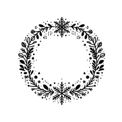 Hand-Drawn Winter Wreath Illustration, Snowflake & Foliage on White © MatandSterre