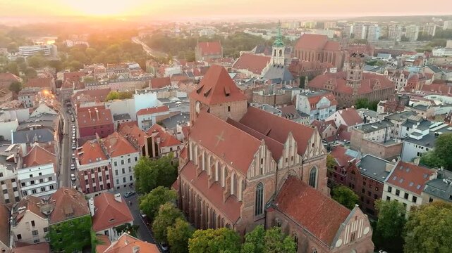 Aerial view at sunset of the old town in Toruń, Poland.