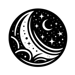 Celestial Circle: Moon, Stars, Abstract Night Sky Illustration