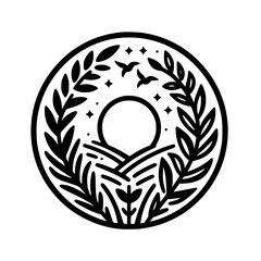 Minimalist Nature Circle Logo: Sunset, Birds, and Foliage, Illustration