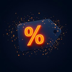 Glowing percent symbol on tag with sparkling orange particles for sale promotion design