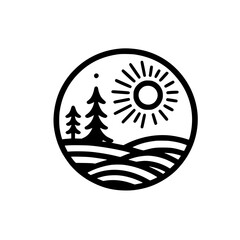 Minimalist Nature Icon: Sun, Trees, and Landscape in a Circle