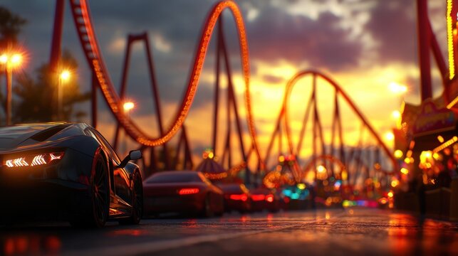 Sunset amusement park ride, car traffic, and roller coaster