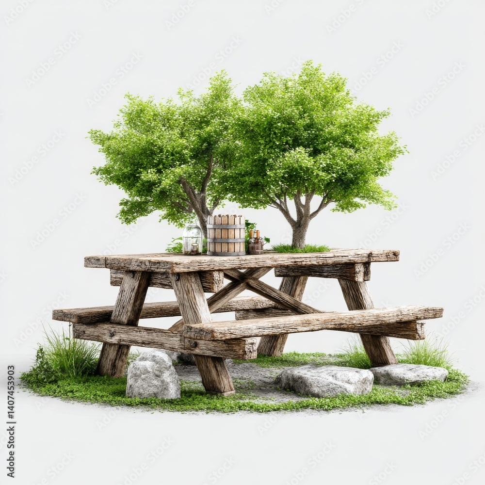 Poster rustic picnic table setting with green trees on a minimalist white background: outdoor still life