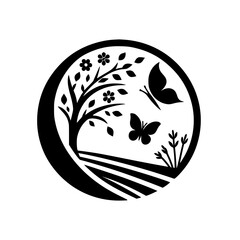 Black and White Nature Scene, Circle, Butterfly, Tree Silhouette