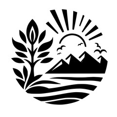 Minimalist Nature Icon: Mountains, Sun, Tree, Birds, Circle