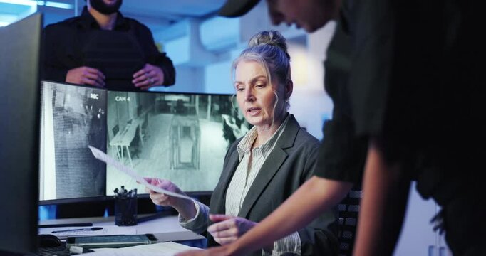 Computer screen, documents and report with people in CCTV control room for safety or security. Live feed, monitoring and surveillance with police officer team at headquarters for law enforcement
