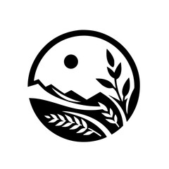 Minimalist Circle Logo: Mountain Landscape with Wheat & Leaves, Black & White