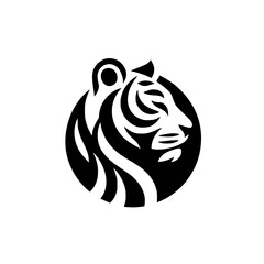 Minimalist Black and White Tiger Head Silhouette, Circular Logo