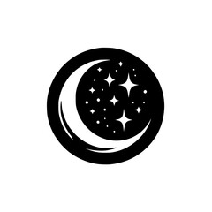 Moon & Stars Celestial Symbol, Black & White Vector Graphic