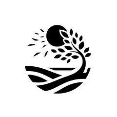 Silhouette Landscape: Tree, Sun, & Hills - Vector Logo