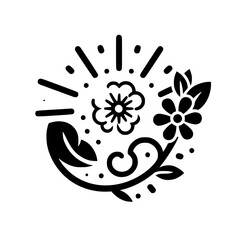 Black and White Floral Emblem with Burst, Minimalist Design