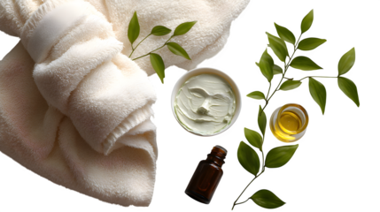 Luxury spa treatment concept, facial mask, essential oils, white towels, green leaves, relaxing mood --ar 16:9 --v 7.0