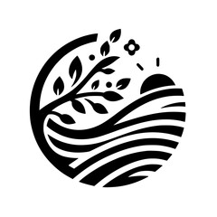 Minimalist Nature Scene: Circle Logo with Tree, Fields & Sun