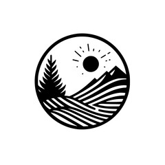 Minimalist Landscape Illustration: Circle, Tree, Mountains, Sun, Black & White