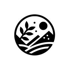Minimalist Landscape Logo: Plant, Sun, Mountains in a Circle