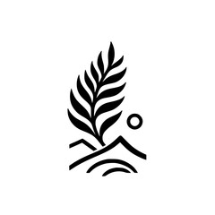 Minimalist Nature Icon: Mountain Landscape with Palm Leaf and Sun