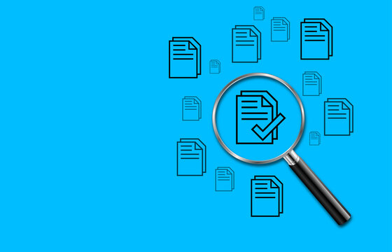 A document with a checkmark, quality assurance, and process control. auditing, verification, data inspection, and business workflow management, a concept of quality control on blue background