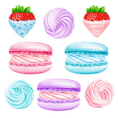 Watercolor Macarons and Heart Strawberries, Clipart Set