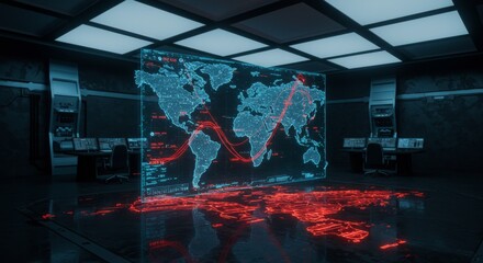 Futuristic data analysis center with digital world map display for cybersecurity strategy