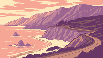 Pastel gradient of Big Sur cliffs and ocean at sunset &ndash; California, USA
