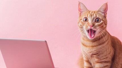 Surprised Ginger Cat with Laptop on Pink Background