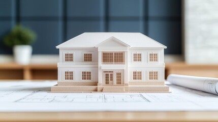 Building house on blueprint inside architecture and plan concept. A detailed architectural model of a modern house on a blueprint.