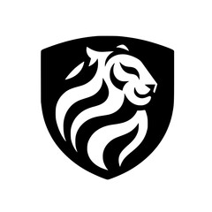 Bold Lion Head Emblem on Shield - Minimalist Black and White Design