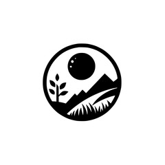Black and White Nature Icon: Mountains, Sun, Plant, and Circle Logo Design