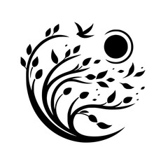 Stylized Tree of Life Illustration: Silhouette with Bird, Sun, Leaves