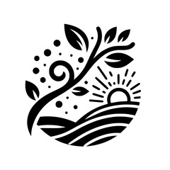 Minimalist Nature Logo: Sun, Hills, and Leafy Branch