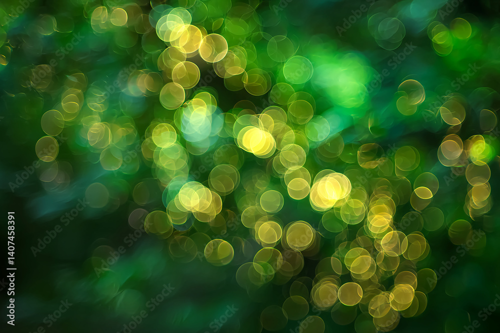 Poster abstract background of green and yellow bokeh circles, creating a luminous and vibrant effect, showc