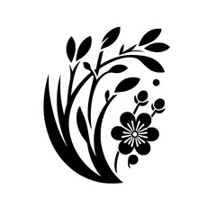 Minimalist Japanese Floral Design: Black Silhouette on White Background