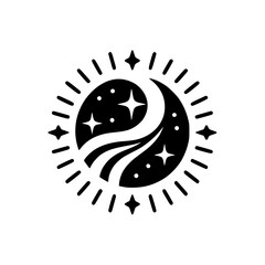 Celestial Emblem: Crescent Moon, Stars, and Flowing Lines - Vector