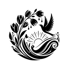 Serene Springtime: Stylized Bird, Blossoms, & Waves Illustration