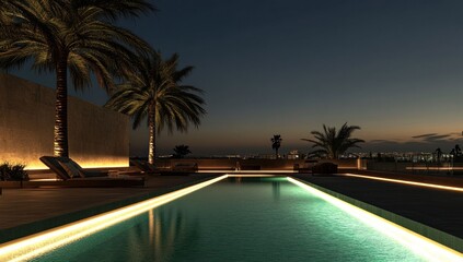 Nighttime Luxury: Rooftop Pool Oasis with Palm Trees and City Views