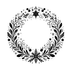 Decorative Winter Wreath Illustration: Black & White Floral Design