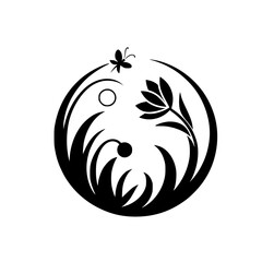 Fototapeta premium Abstract Floral Yin-Yang: Black and White Butterfly, Flowers, and Grasses