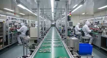 Advanced electronics manufacturing facility with automated assembly line in cleanroom environment