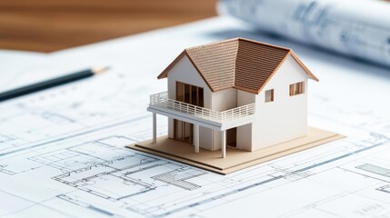 Building house on blueprint featuring construction and dwelling concept. A miniature house model placed on architectural blueprints.