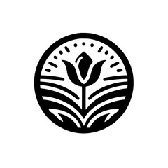 Black and White Tulip Logo in Circle, Minimalist Design