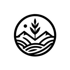 Minimalist Black and White Nature Logo: Mountains, Wheat, and Sun