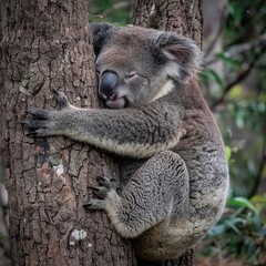 Fototapeta premium Adorable Koala Hugging a Tree in Peaceful Surroundings, Radiating Calm and Natural Charm