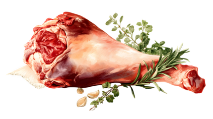 Raw whole lamb leg illustrated in a butcher-style artwork on a transparent background --ar 16:9 --v 7.0