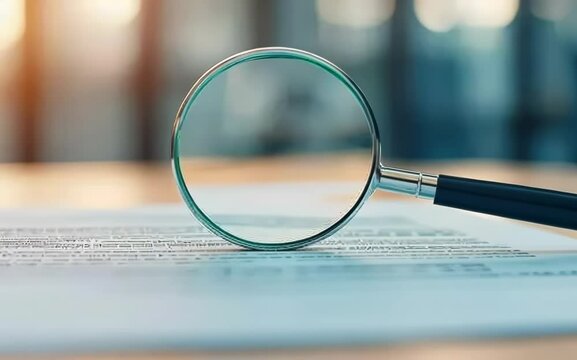 A magnifying glass focusing on a policy agreement's fine print, softly illuminated by natural light in a minimalist workspace