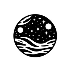 Black and White Cosmos Circle Illustration, Minimalist Space Art