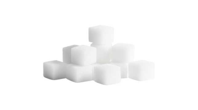 Large cubes of white refined crystal sugar, everyday ingredient, white sugar that is unhealthy, classic sugar cubes.