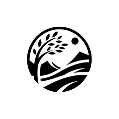 Minimalist Nature Logo: Tree, Mountains, Sun - Black and White