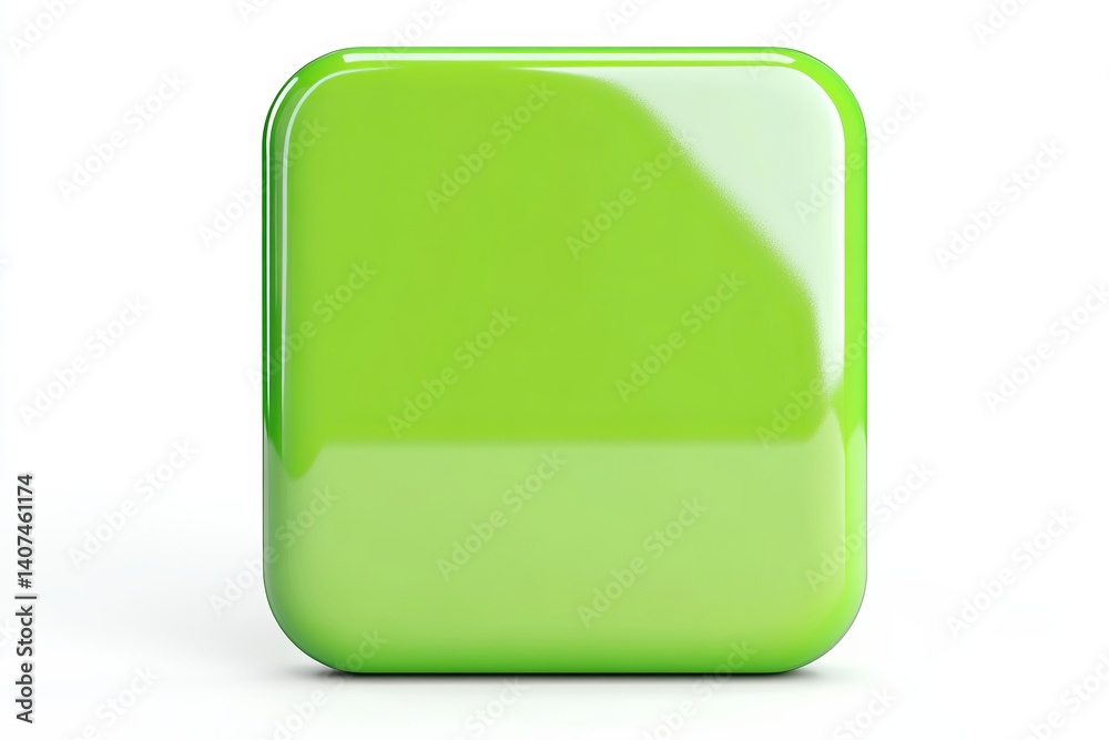 Poster a close up of a single green rounded square object on a white background with a glossy smooth surfac