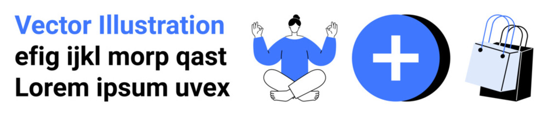 Calm person meditating in lotus pose, healthcare cross sign, and shopping bag. Ideal for relaxation, mindfulness, wellness, e-commerce, healthcare promotion, lifestyle balance flat landing page